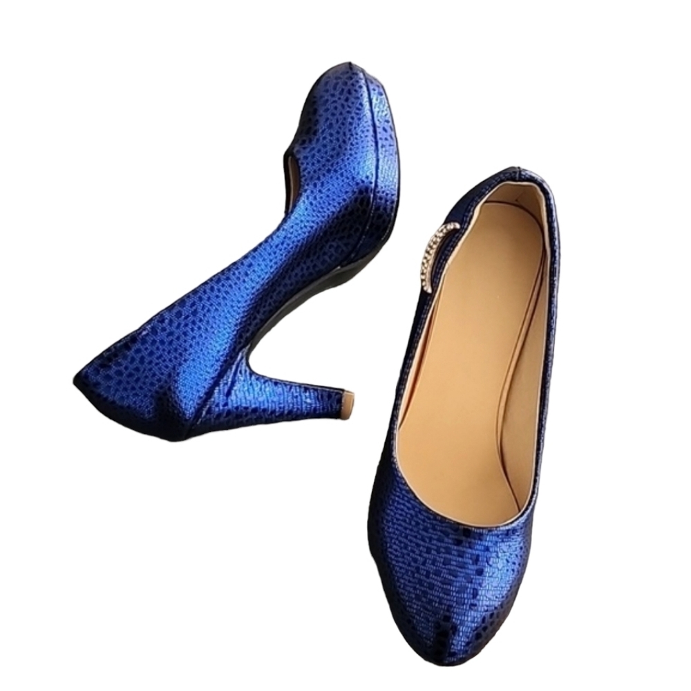 METALLIC COBALT BLUE VEGAN Platform Pumps 8 Heels Gold CZ Moon Charms Chunky - Picture 8 of 16